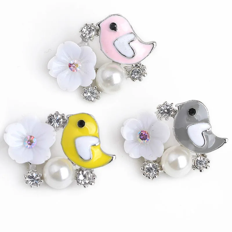 10Pcs Sewing Accessories Flower Pearl Rhinestone Buttons Bird Embellishment for Craft DIY Hair Shoes Clothing Alloy Decoration