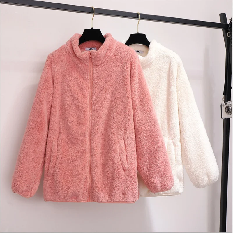 

2022 Women's Lambskin Coats Winter Warm Cardigan Tops Loose Was Thin Foreign Chic Jacket Vintage Coral Fleece Overcoat Female