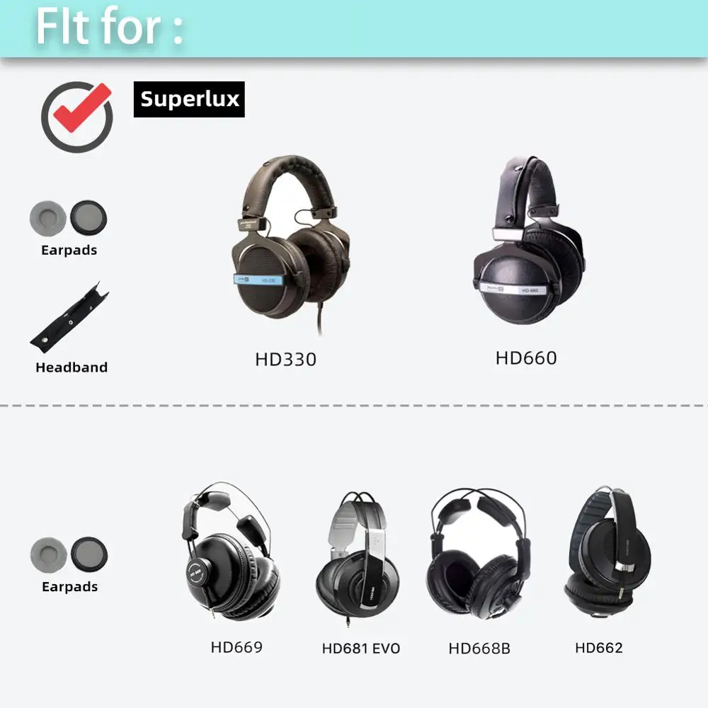 EarTlogis Velvet Replacement Parts for Superlux HD330 HD660 HD668B HD669 HD681 EVO HD681B HD662 HD662B EarPads Bumper Headband