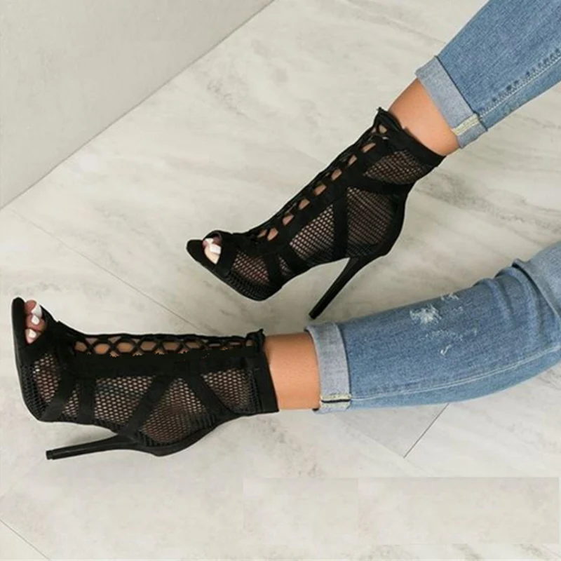 Roma Style Mesh Hollow Out Summer Ankle Boots Sandals Women Fashion Peep Toe Lace Up Cross-tie Strap Thin High Heels Dance Shoes