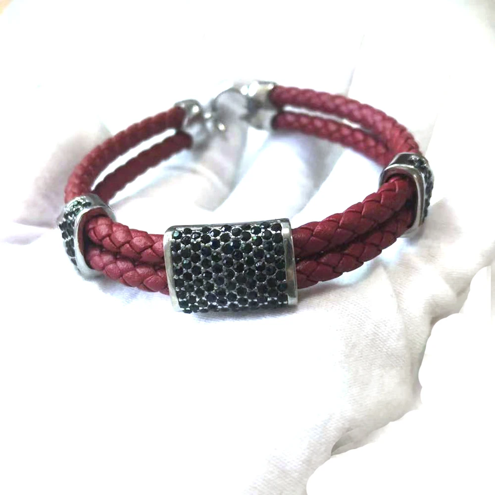 Bangles For Men Brown Black Blue Red Macrame Leather Black Gun Pave CZ Charm Stainless Steel Clasp Bracelets