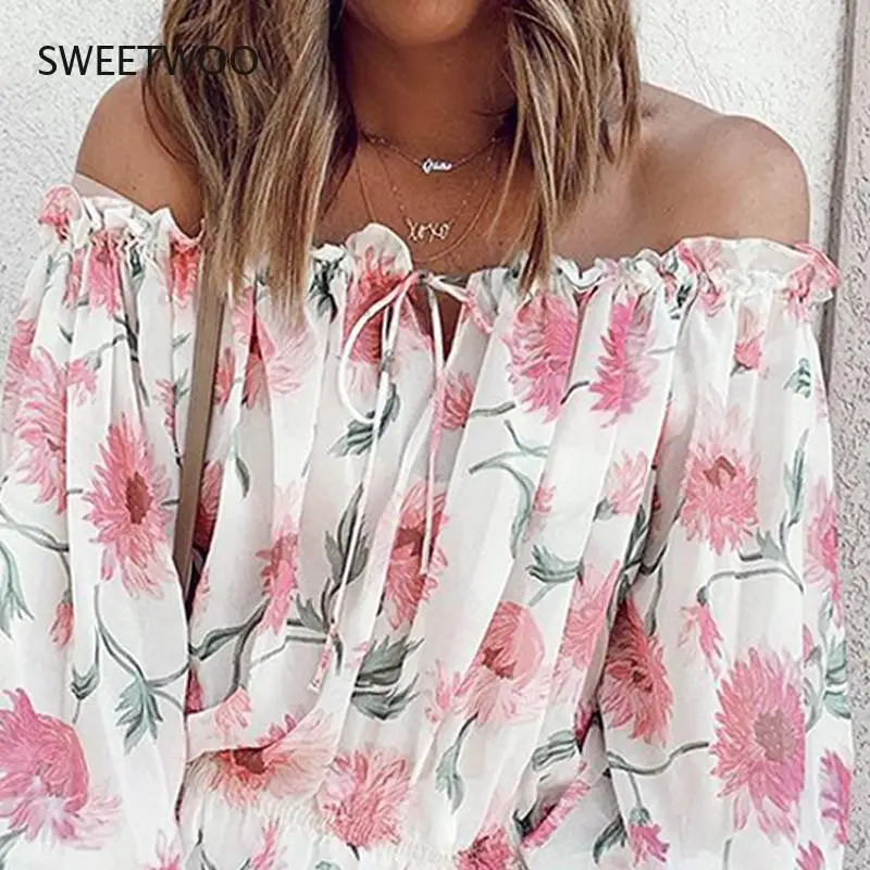 2021 Women's Clothing One-Neck Sexy Off-Shoulder Chiffon Shirt Women Loose Casual Printing Long-Sleeved T-Shirt Top