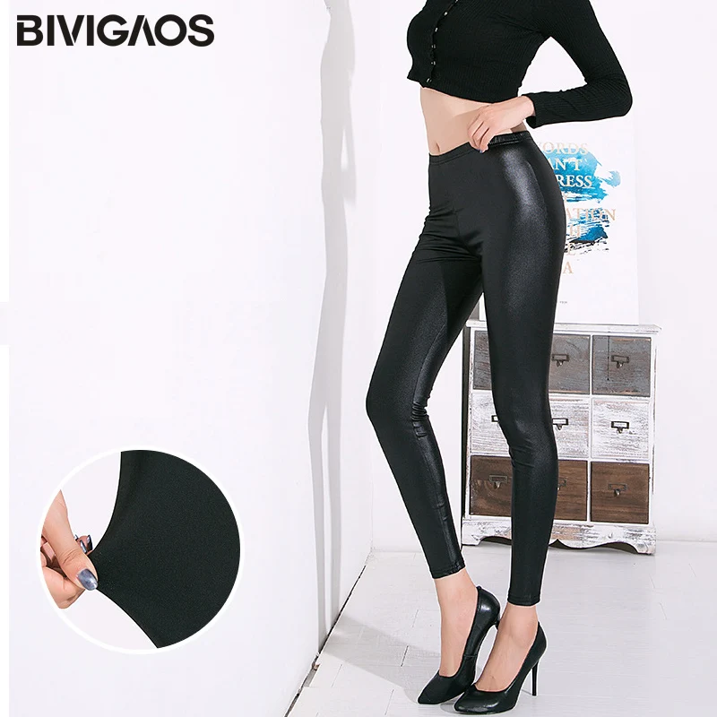 BIVIGAOS Spring Summer Thin Imitation Leather Leggings Stretch Sexy Shiny Leather Look Leggings Women Ankle Pants Gothic Legging