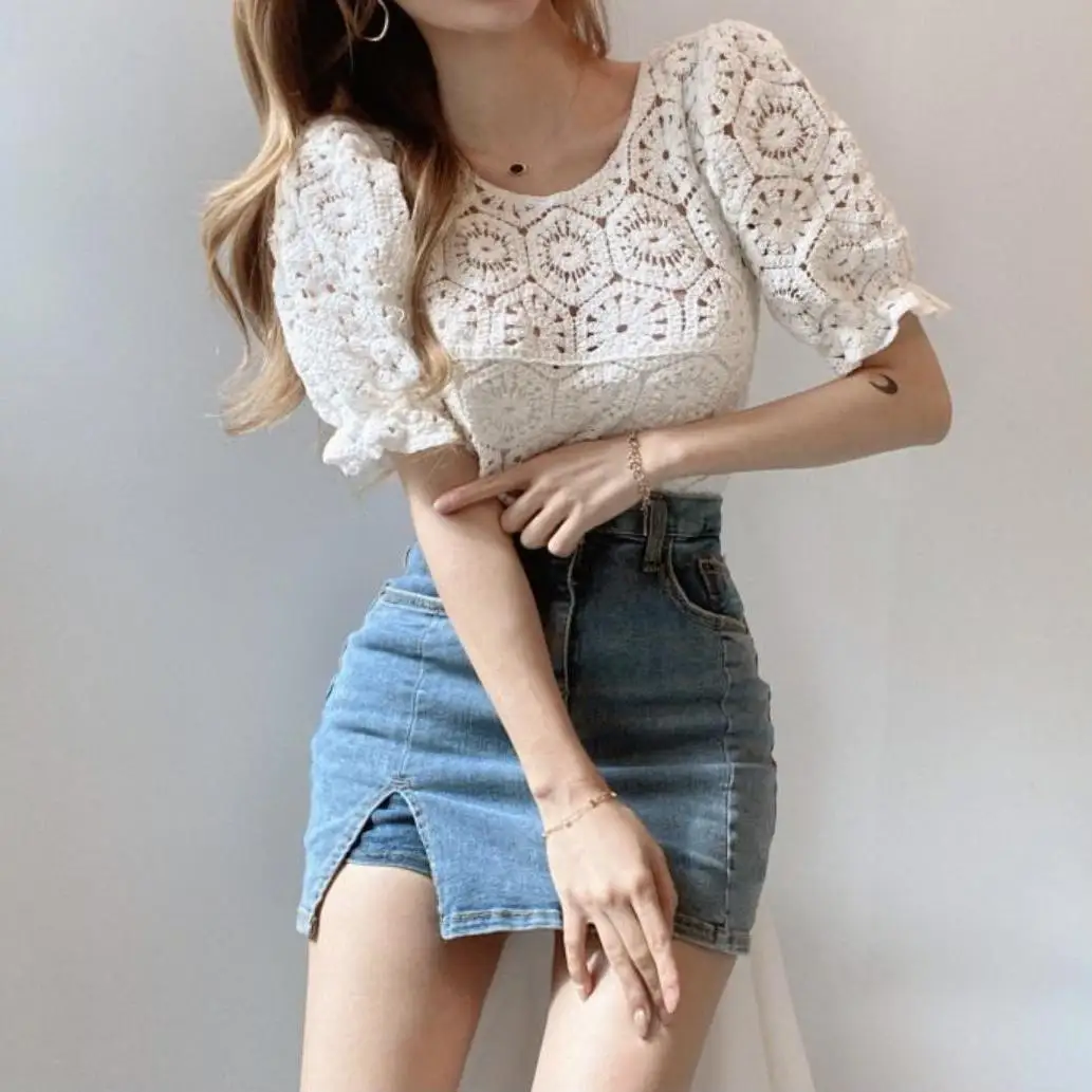 Blouses Women Retro Hollow Out Design Puff Sleeve Summer Office Lady Crop Top All-match Pure Simple Vintage Blusas Slim Clothing