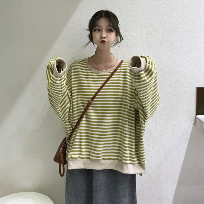 No Hat Hoodies Women Striped Spring Thin Casual Loose Womens Sweatshirt Korean Style Simple Fashion Preppy-style Student Ulzzang