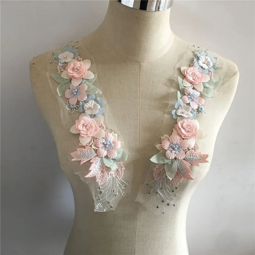 Bordado de flores, perlas, cuello de encaje, apliques de ropa, adornos de costura, tela de tul, decoración de vestidos, telas de encaje de