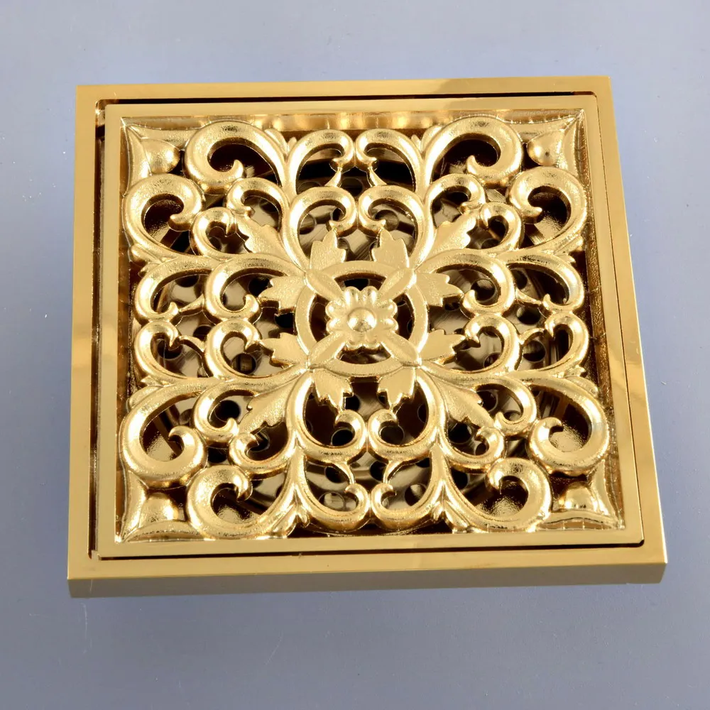 Shower Drains 10*10cm Square Bath Drains Strainer Hair Polished Gold Carved Bathroom Floor Drain Waste Grate Drain Nhr095