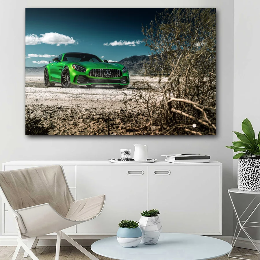 Posters and Prints Green Car Mercedes A M G GT Supercar Canvas Wall Art Paintings for Living Room Decor