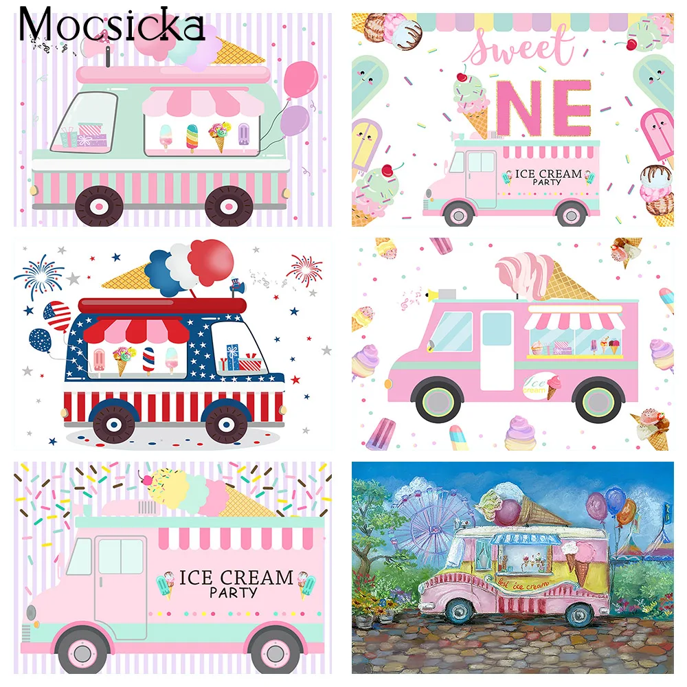 

Pink Ice Cream Car Birthday Backdrop Here's the Scoop Girls 1st Birthday Photo Background Sweet Candy Decorations Baby Shower