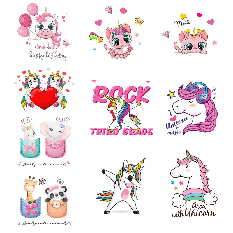 10 cartoon cute animals unicorn elephant panda baby clothing printing stickers DIY iron heat transfer printing on kids clothes