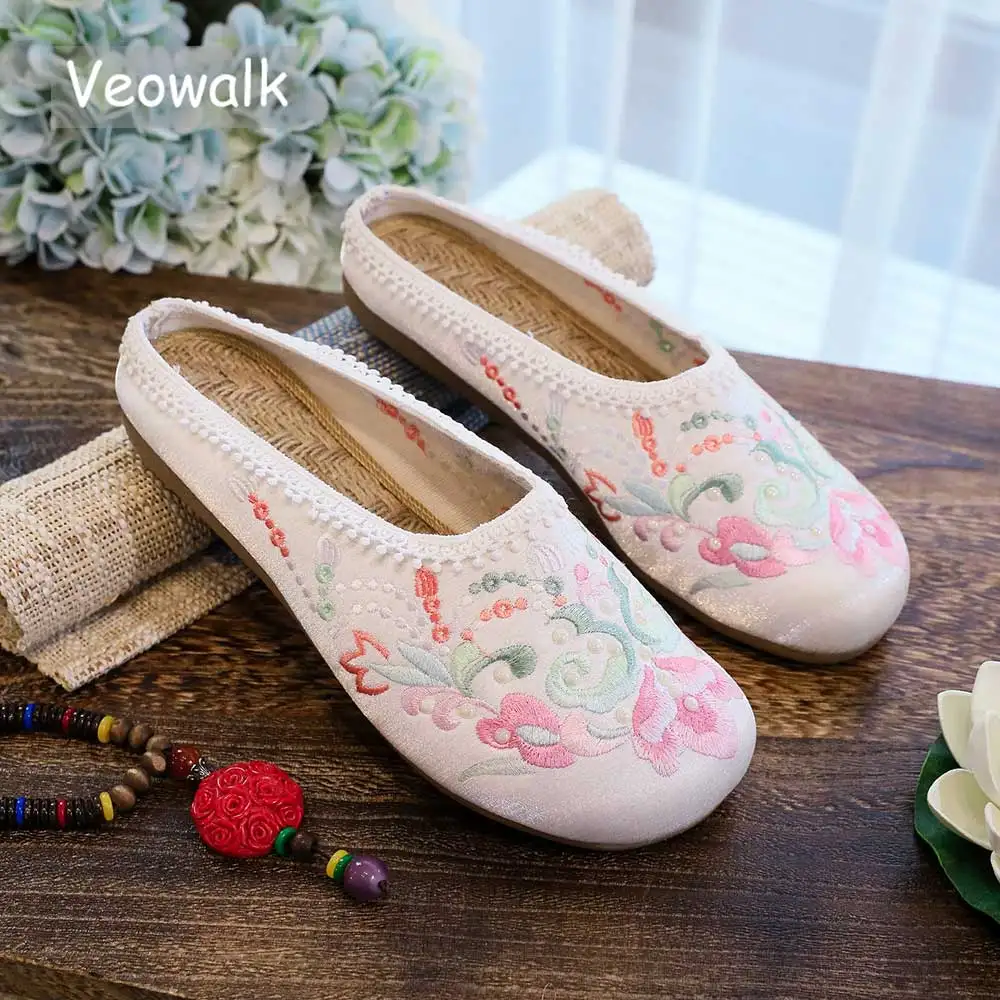 Veowalk Lace Decoration Women Cotton Embroidered Flat Mules Ladies Casual Comfortable Close Toe Slippers Soft Home Shoes