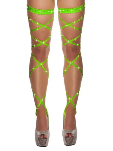 Sexy Women Lingerie Bandage Fishnet Stockings Thigh-High Crystal Studded Thigh High Leg Rave Wraps Strappy Rhinestone Tights