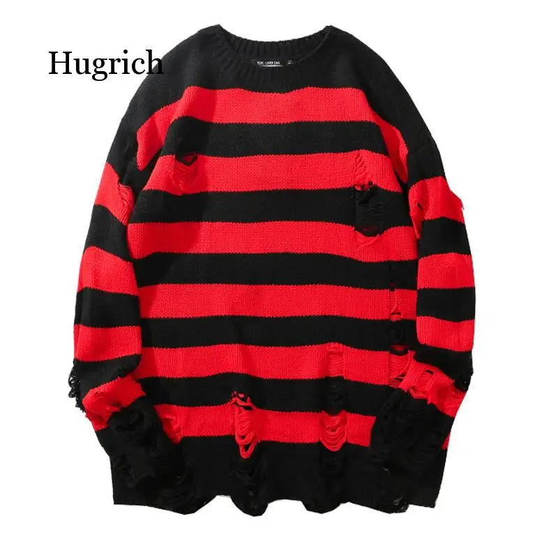 Black Red Striped Sweaters Washed Destroyed Ripped Men Hole Knit Jumpers Men Women Oversized Sweater