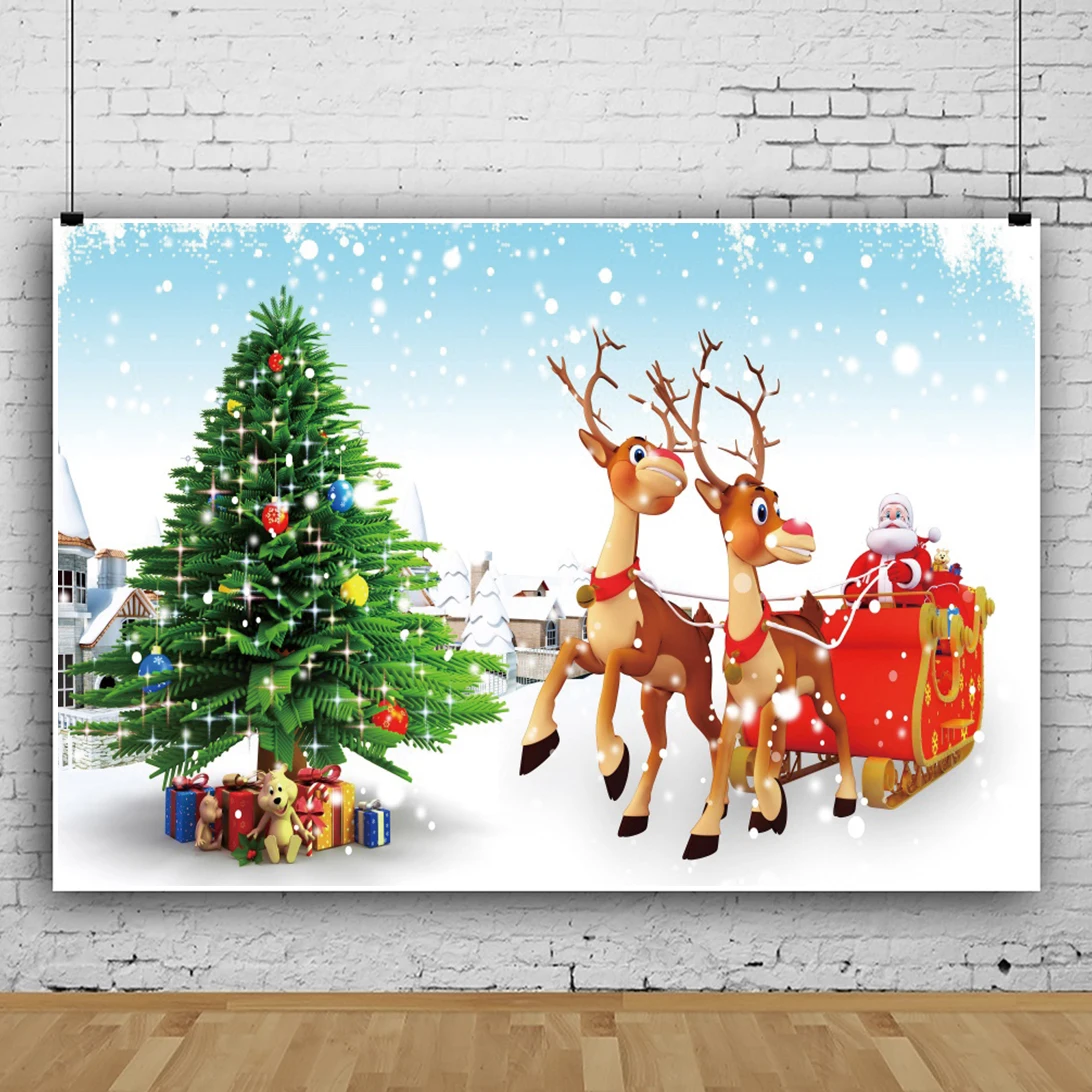 Laeacco การ์ตูนคริสต์มาสพื้นหลัง Baby Room Decor Santa Claus Sleigh Tree ของขวัญถ่ายภาพฉากหลังสำหรับ Photo Studio