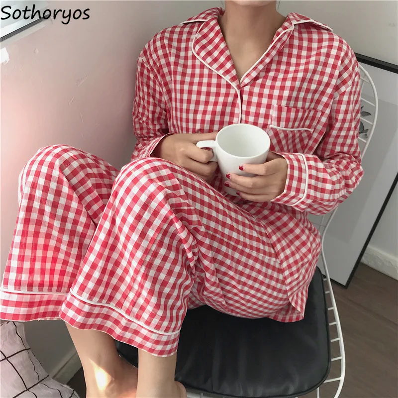 

Elegant Plaid Pajama Sets Women Ins Fashion Lovely Spring Sleepwear Daily Homewear Long Sleeve Nightwear Mujer Lounge Nighty New