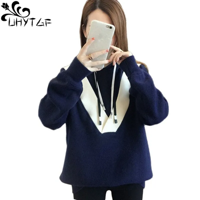 UHYTGF 2022 Knitted Women Sweater Hooded Pullover Casual Warm Autumn Winter Sweater Coat Female Elastic Loose Size Jacket 1596