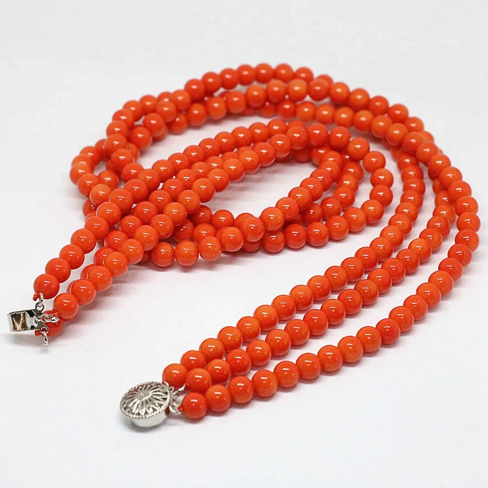 Romantic pink orange artificial coral 3 rows fashion design 6mm necklace round beads charms gift jewelry 18inch B1451