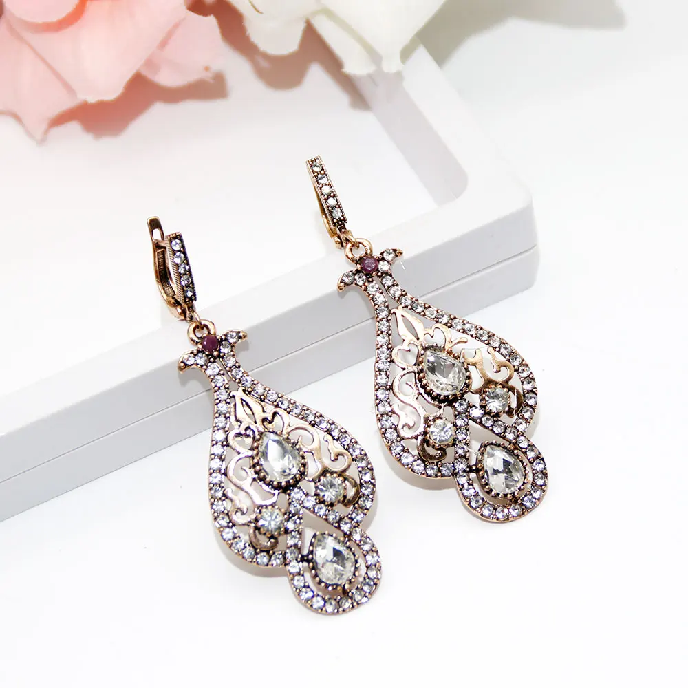 Sunspicems Retro Gold Color Turkish Drop Earring with White Crystal Women Indian Ethnic Banquet Wedding Jewelry Bridal Gift