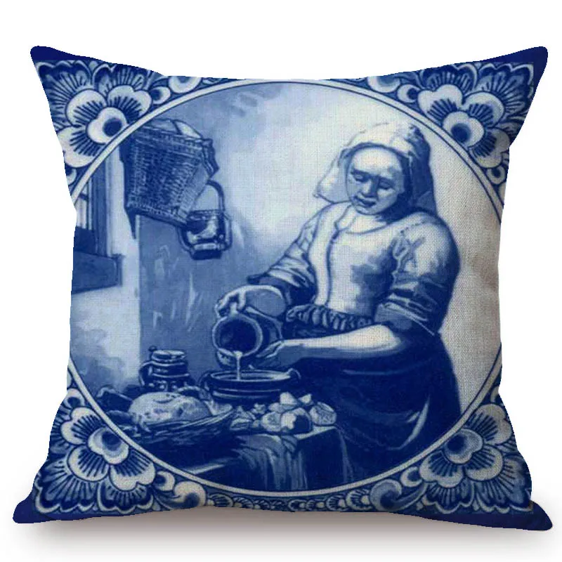 Antique Delft Blue Netherlands Retro Vase Pattern Art Home Decorative Sofa Throw Pillow Case Windmill Canal House Cushion Cover