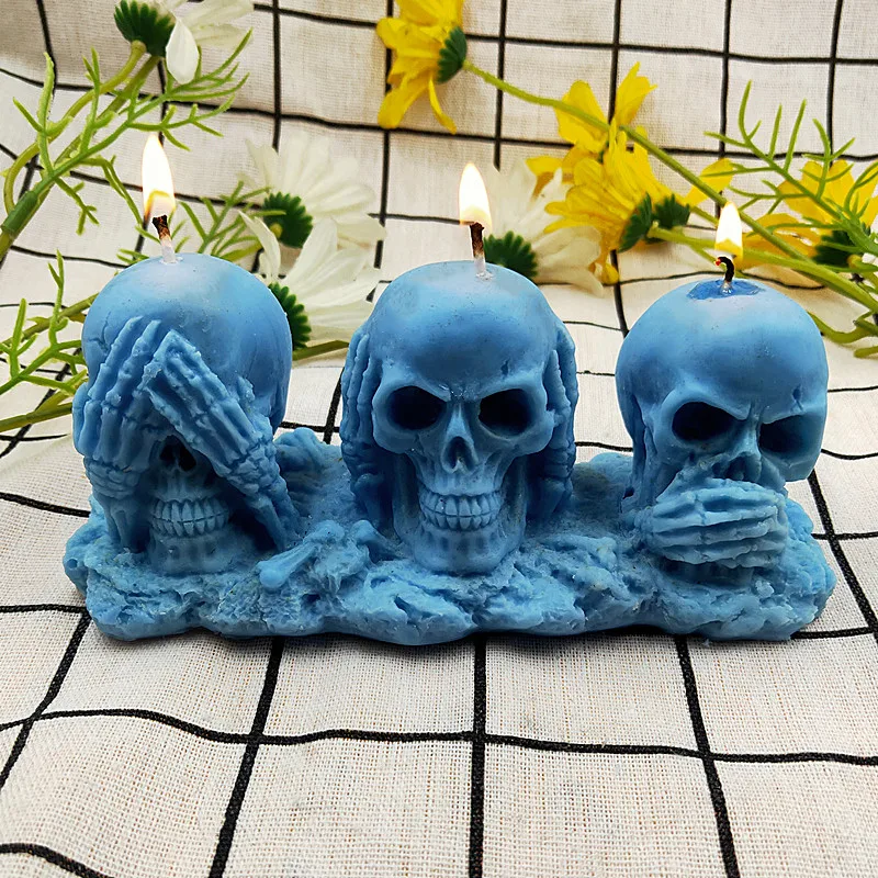 New 3 Skull  Candle Mold No See No Talk No Listen Silicone Clay Resin Mould Halloween Party Tools