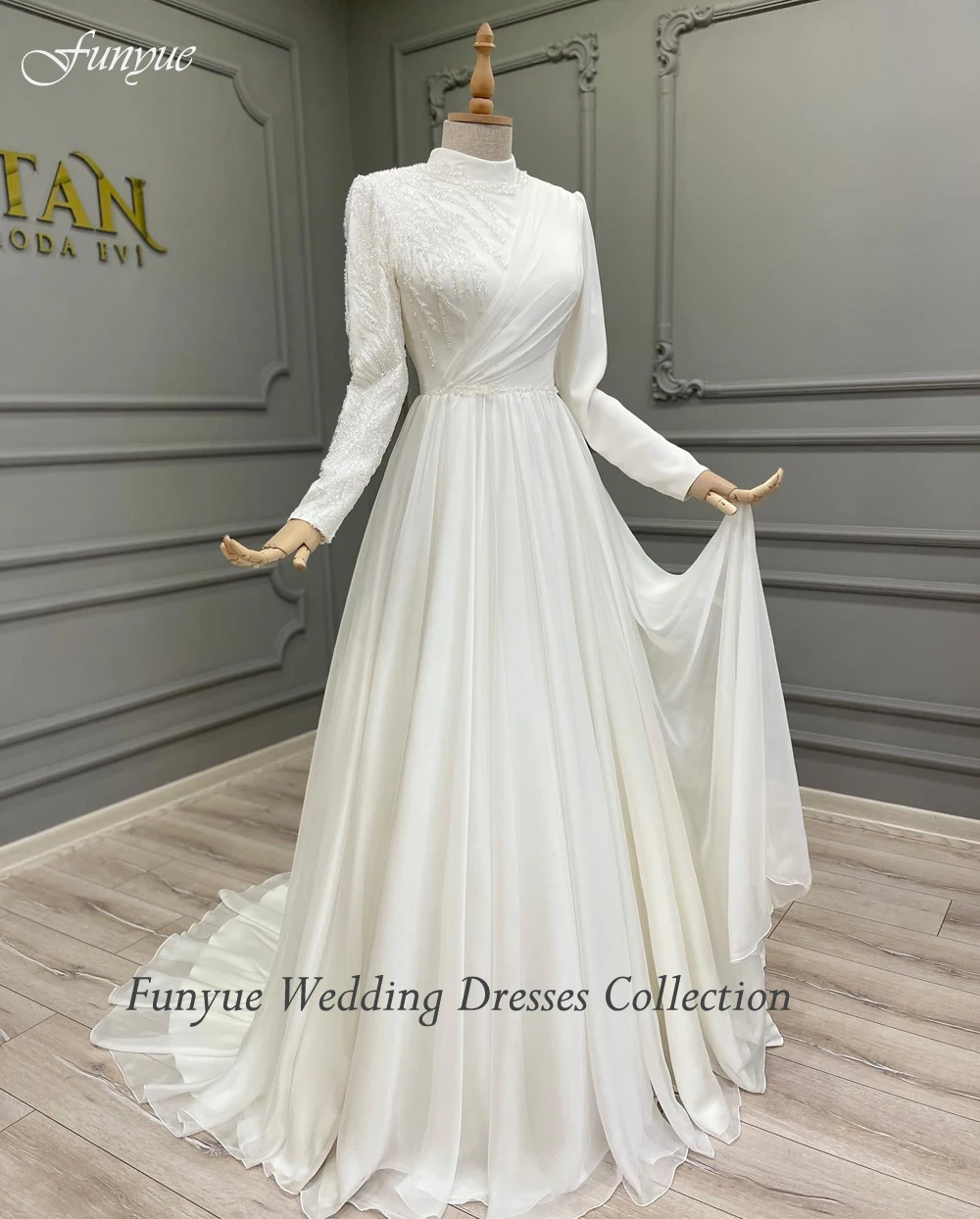 Elegant Long Sleeves Muslim Wedding Dress 2024 New High Neck A-Line Chiffon Beading Bridal Gown for Bride To Be Robe De Mariée