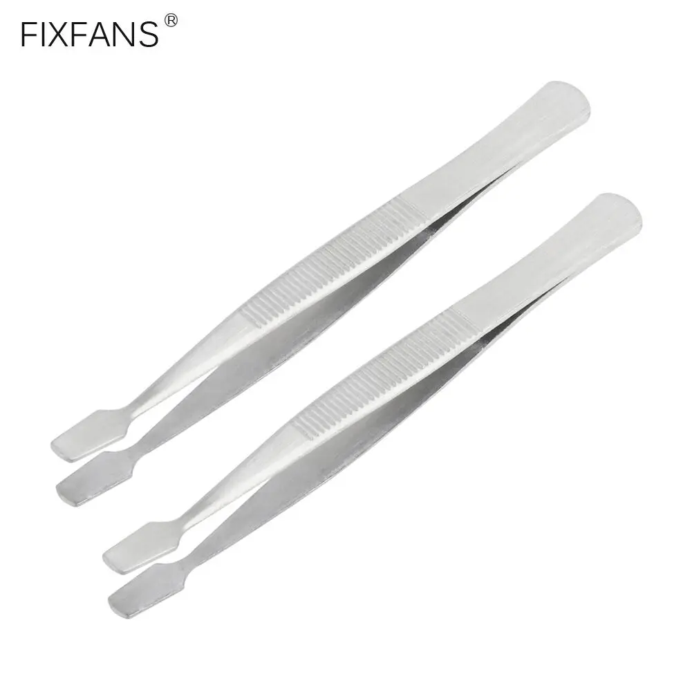 FIXFANS 2Pcs Non-slip Stainless Steel Tweezers with Slant Flat Tip, Stamp Tweezers Tongs Philately Collector Tool