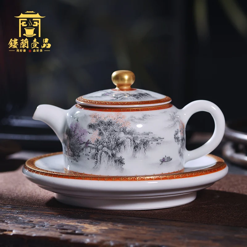 

|Jingdezhen handmade ceramic ink painting gold Jiangnan Chunxiao holding pot kungfu tea set teapot tray cup holder