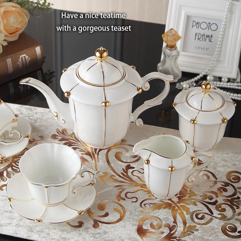 Gold Pearl Bone China Coffee Set British Porcelain Tea Set Luxury Ceramic Pot Creamer Sugar Bowl Teatime Teapot Coffee Cup Mug