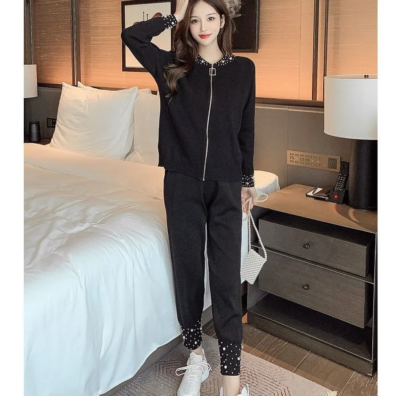 Pants Suit 2021 Spring and Summer New Fashion All-match Casual Sportswear Suit Heavy Industry Beading Two or Three Suit Women