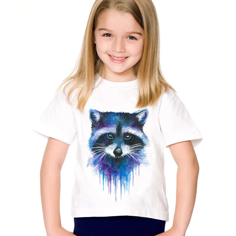 Verão branco manga curta t menina animal impressão aquarela guaxinim crianças t-shirts crianças meninos casual topos roupas de bebê meninas