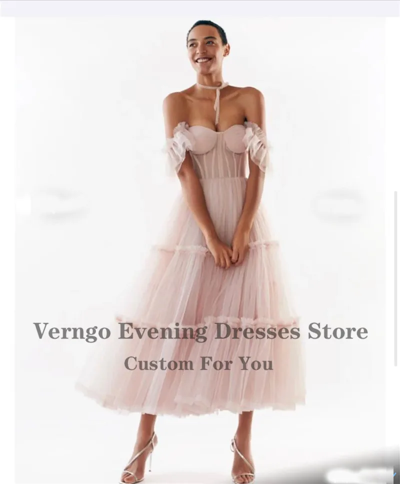 Verngo-vestido elegante de tul con hombros descubiertos, vestido de fiesta de línea A, ajustado, corsé de deshuesado, largo hasta el té, vestido de fiesta de regreso A casa, rosa rubor