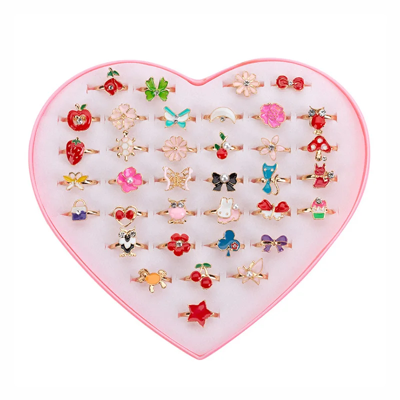 12/24/36 Pcs Fashion Kids Rings Jewelry Child Adjustable Cartoon Rings For Girls Flower Heart Alloy Finger Ring Toy Party Gift