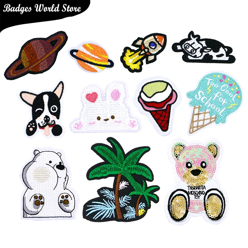 Bear Dog Coconut tree Rocket Planet Ice cream Icon Embroidery Applique Patches For Clothing DIY Iron on Badges on the Backpack