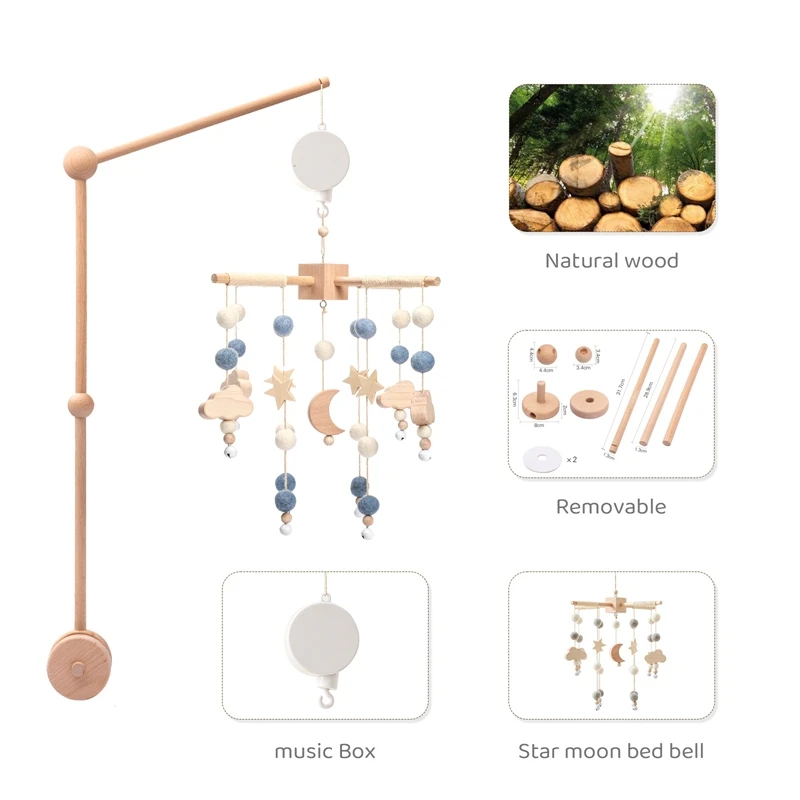 3pcs/Set Baby Bed Bell Star Moon Shape Wooden Mobile Holder Arm Bracket Music Box Infant Musical Toys Crib Decoration Birth Gift