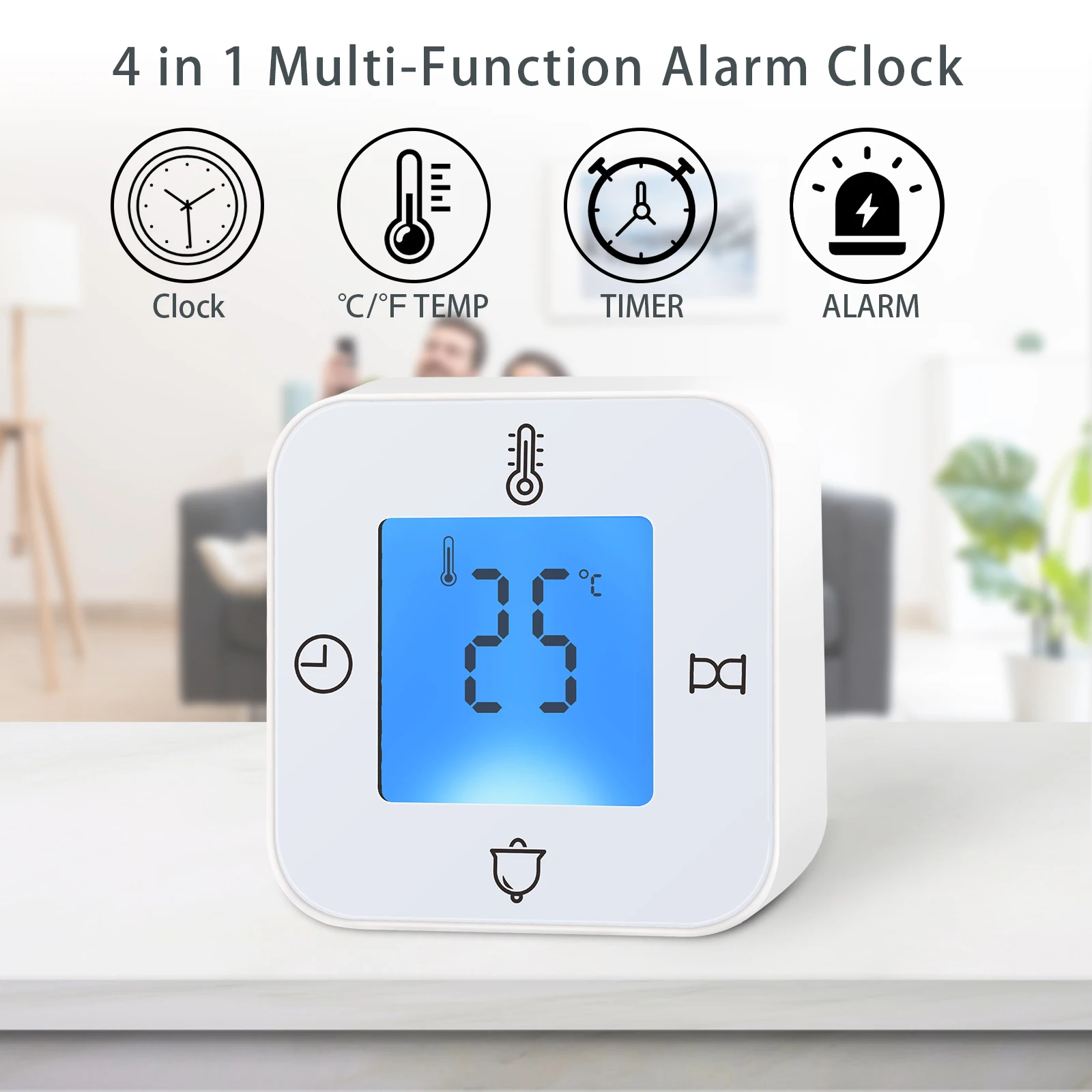 FABISENSE Alarm Clock with Snooze Calendar Thermometer Timer Backlight Rotatable Square Multifunctional Wake Up 12/24h White