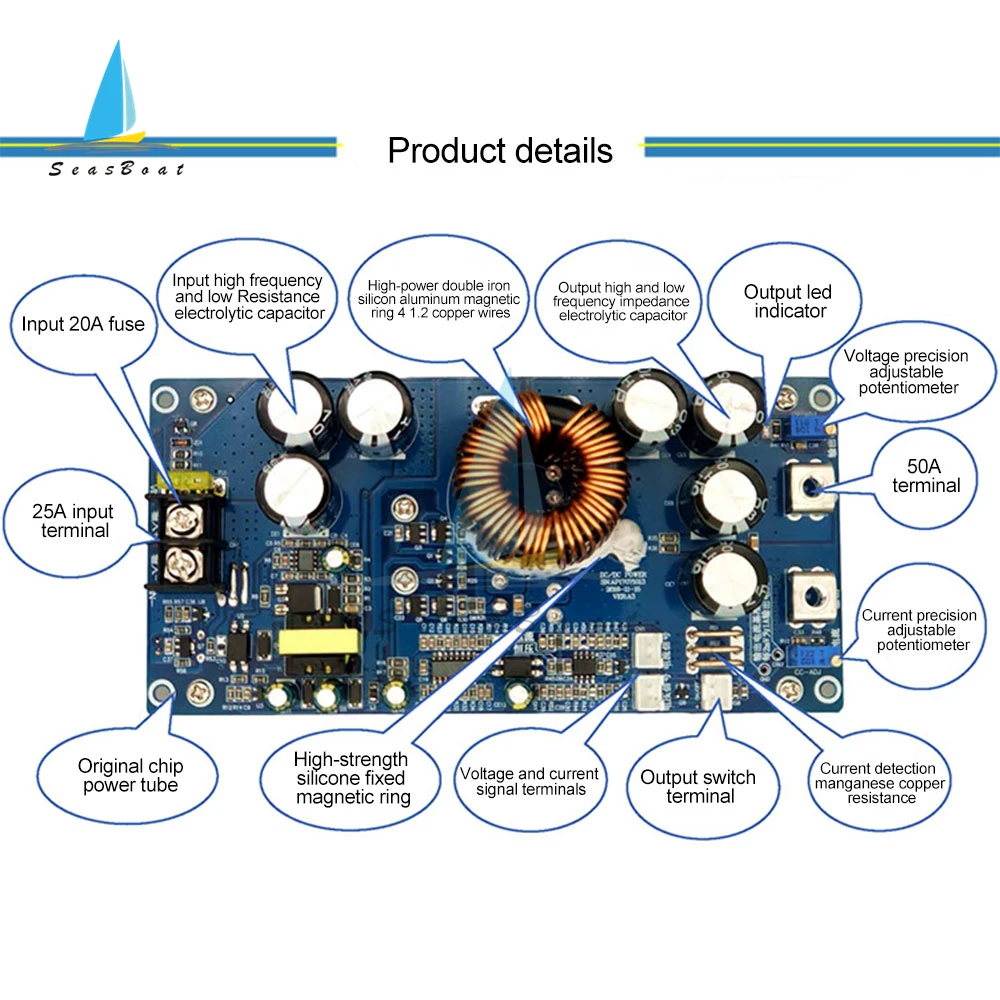 800W High Power DC-DC Step-Down Power Supply Module DC20V-70V to 2.5V-58V 20A Adjustable Step-Down Buck Converter