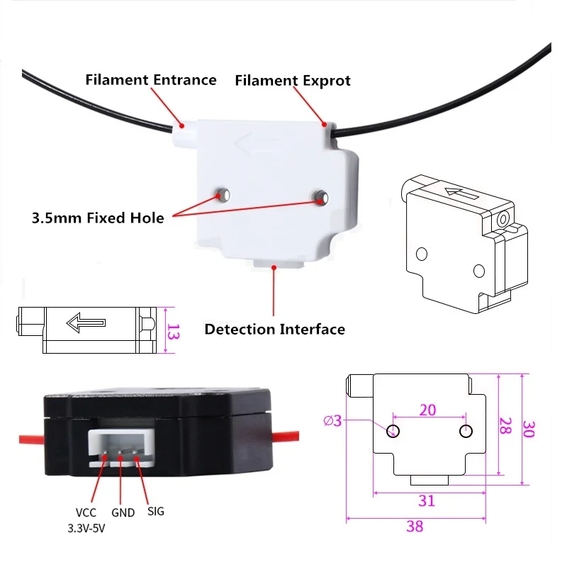 Modulo di rilevamento della rottura del filamento MEGA 2pcs con parti della stampante 3D del sensore del rivelatore di Runout del cavo 1M per carenza di filamenti da 1.75mm