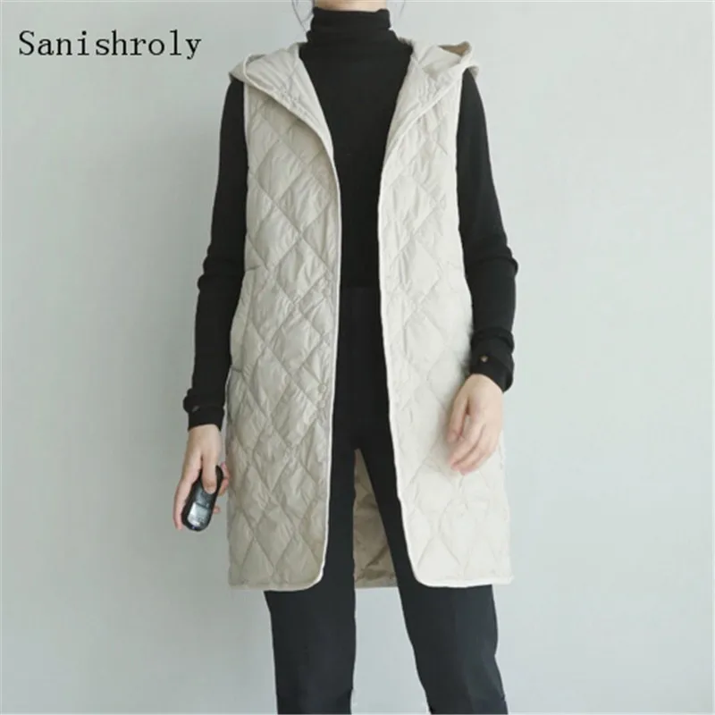 

Autumn Winter Women Ultra Light 90% White Duck Down Vest Jacket Single-breasted Long Hooded Waistcoat Prismatic Grid Coat Parkas