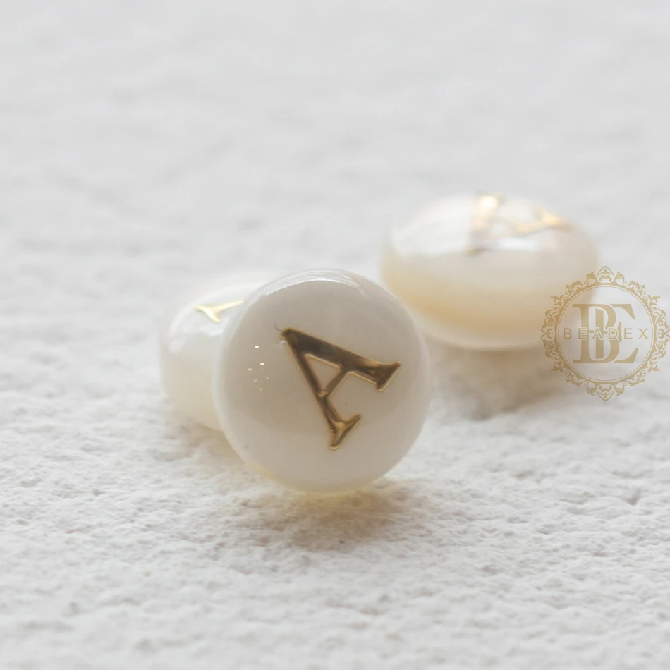 2 Pieces Natural Shell with Alphabet Bead- Puff Spacer - Double Sided Letter - Puff Round 8mm (G307)