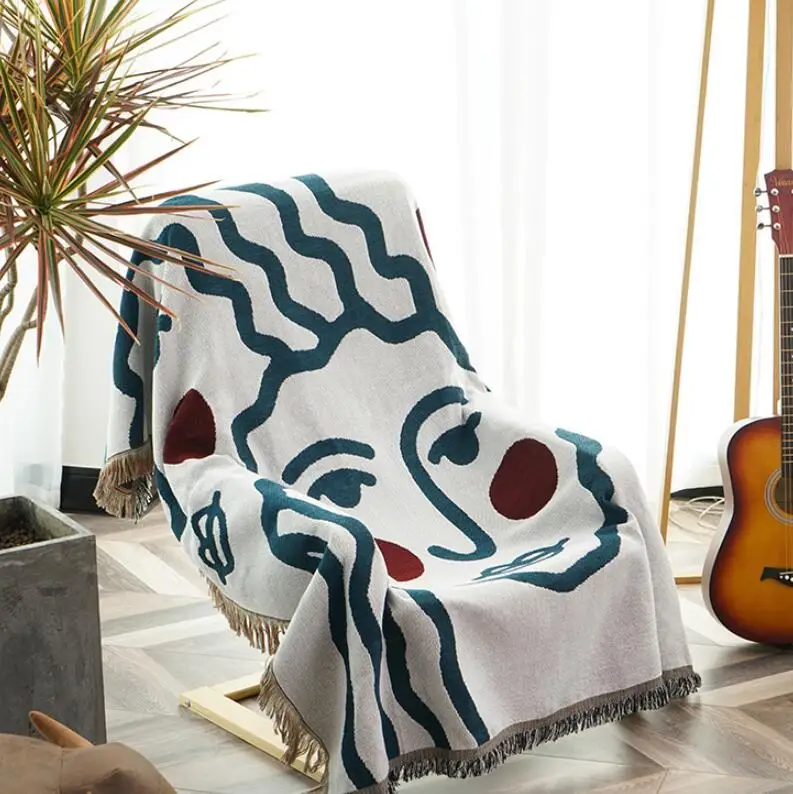 Abstract Style Sofa Throw Blanket Cotton Thread Knitted Blanket With Tassel Geometry Kilim Sofa Cover Bed Blanket Home Decor