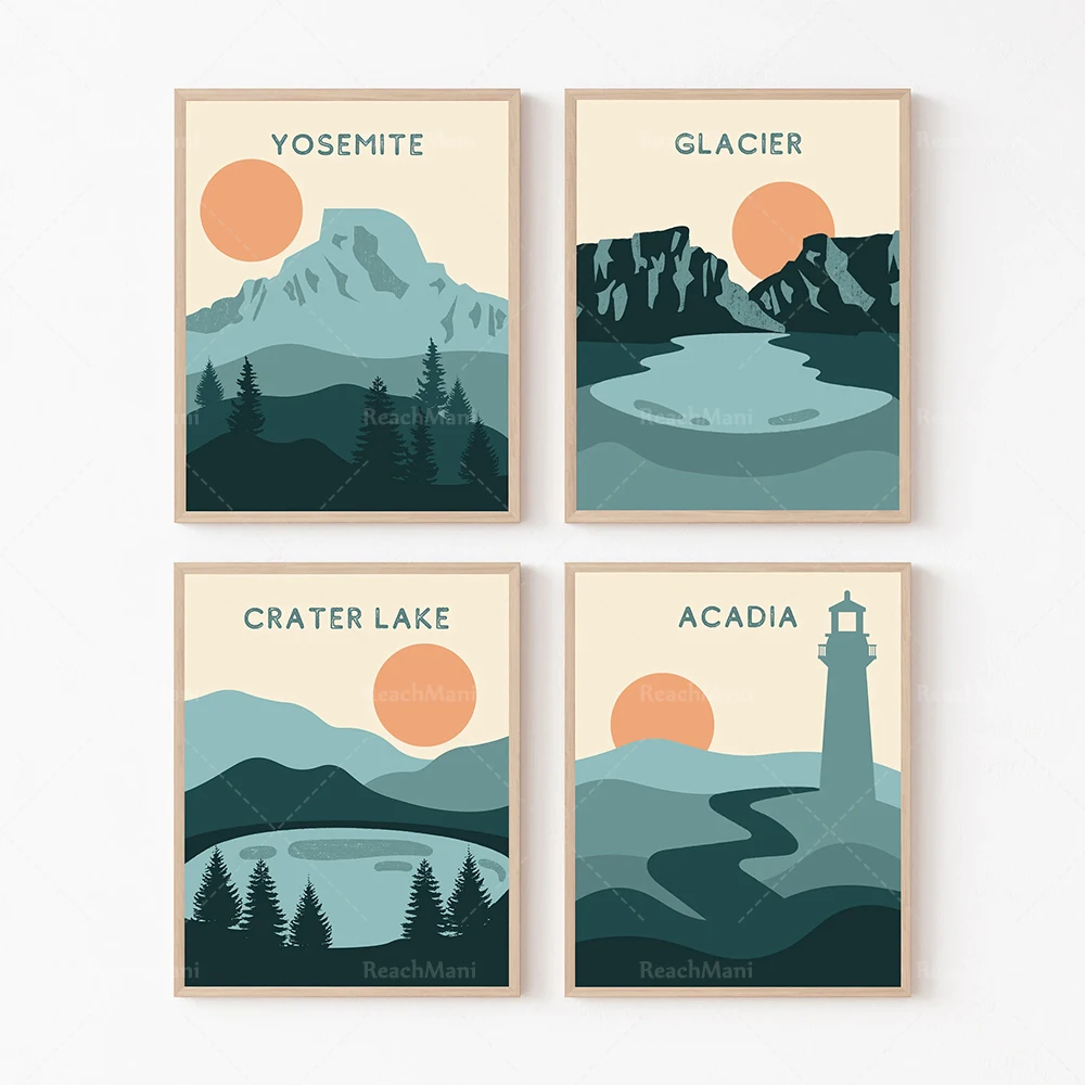 Glacier, Crater Lake, Acadia, Yosemite National Park travel poster art canvas print home decor