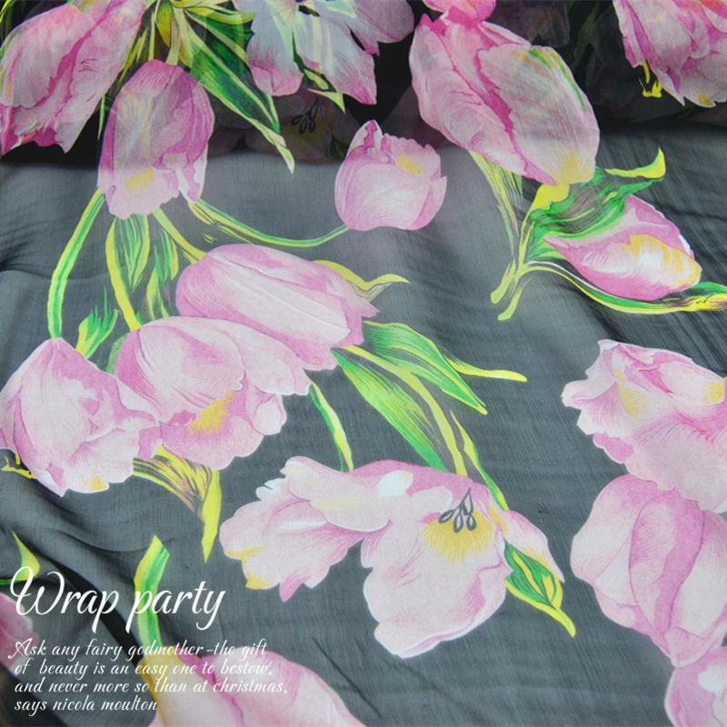 Silk Georgette Chiffon Fabric Dress Large and Wide Black Tulip   Thin Skirt Shirt   DIY Patchwork Tissue