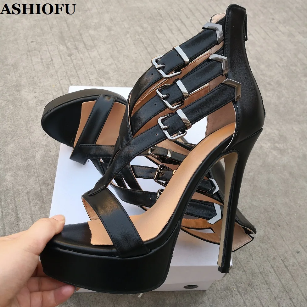 

ASHIOFU Real Picture Ladies High Heel Sandals Buckle Straps Sexy Platform Summer Shoes Party Prom Fashion Sandals Shoes 2-colors