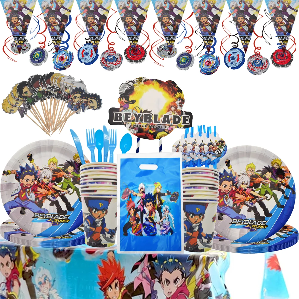 Boys Favors Beyblade Burst Theme Cake Toppers Flag Baby Shower Plates Straw Cups Birthday Party Decorate Tablecloth