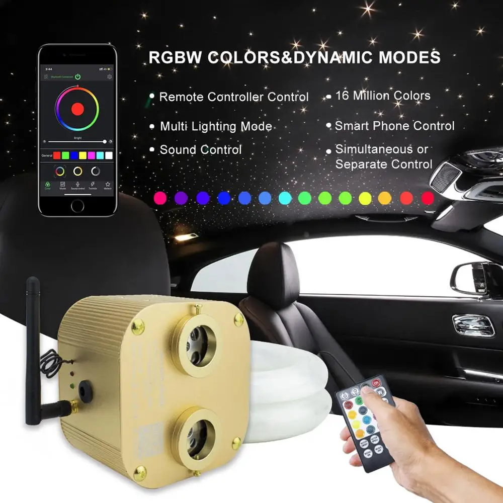 Double Head 20W RGBW Twinkle Starry Sky Car Star Ceiling Light Smartapp Music Fiber Optic Star Car Roof Star Ceiling Light Kit