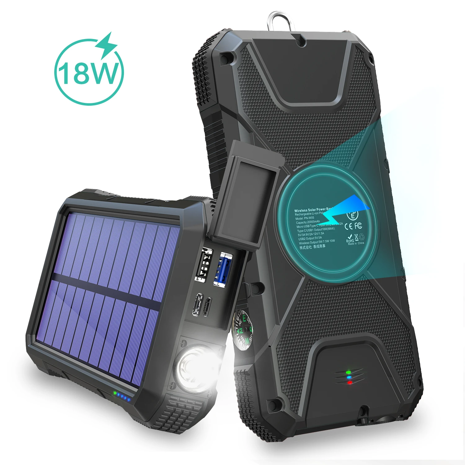 BLAVOR Solar Power Bank Portable Wireless Charger with 4 Outputs 2 Inputs,20000mAh External Battery Pack IPX5 Waterproof