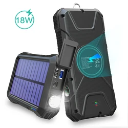 Solar Power Bank 20000mAh QI Wireless Solar Charger with Flashlight & Compass, Waterproof Portable External Battery Pack for iOS