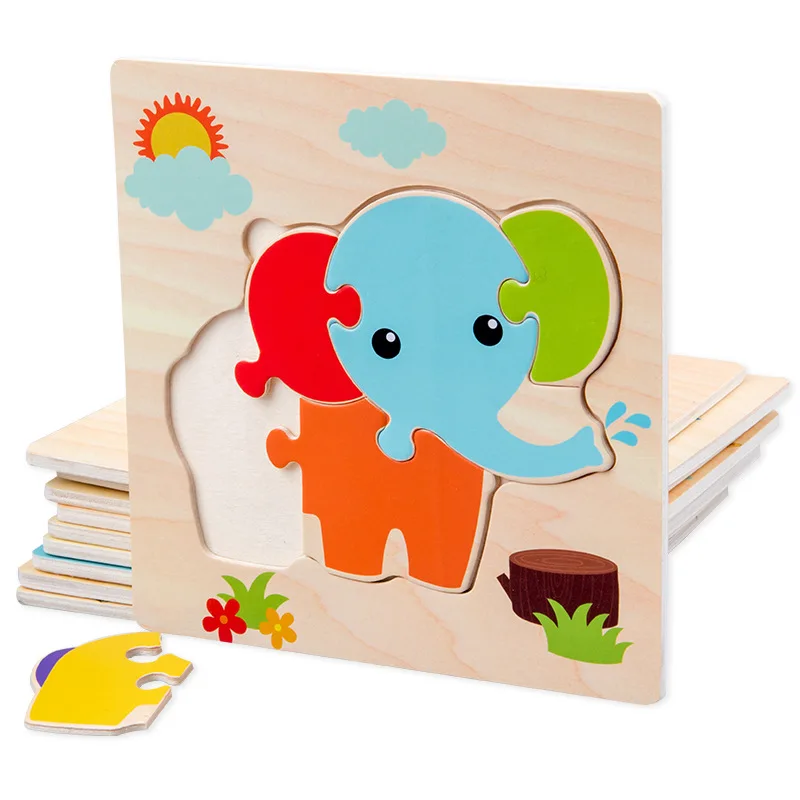 Baby Cartoon Wooden Puzzle Animal Car Cognition 3D Jigsaw Wooden Toys For Kids Intelligence Early Learning Educational Toy