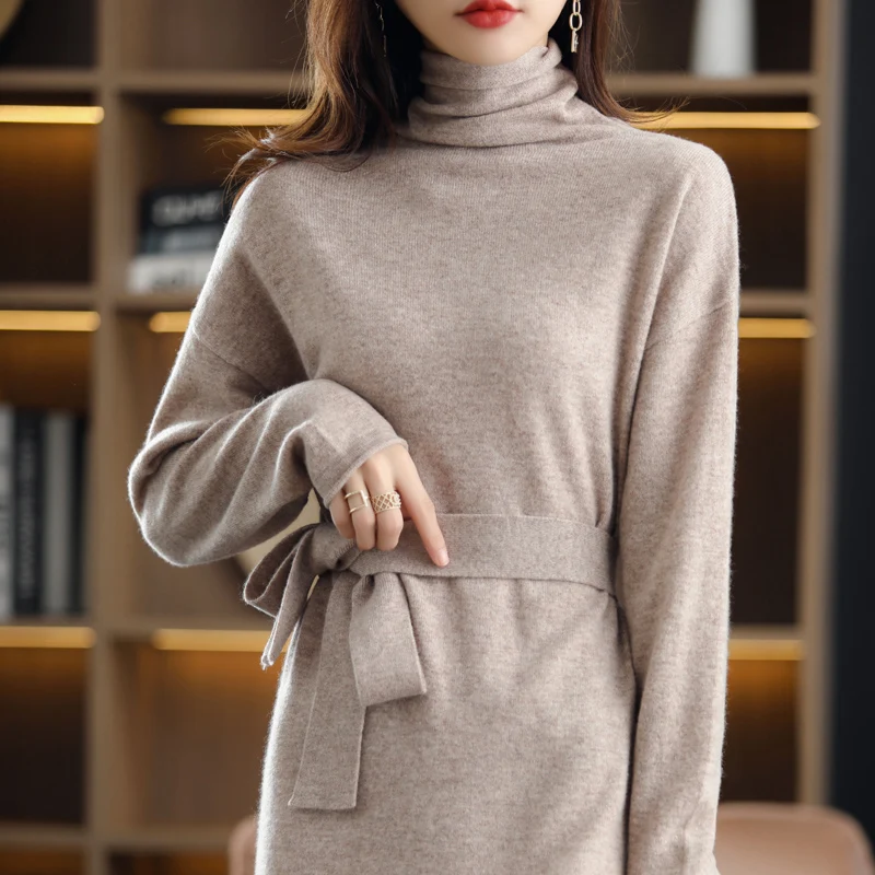 23 The new pullover 100% wool ladies dress solid color long-sleeved knitted fashion slim long high-neck cashmere dress sweater