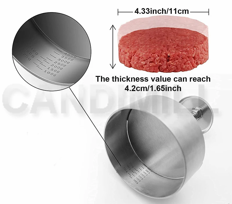 CANDIMILL รอบรูปร่างแฮมเบอร์เกอร์กดสเตนเลสเบอร์เกอร์ Maker แม่พิมพ์ทอดเบอร์เกอร์ Smasher Patty Mould